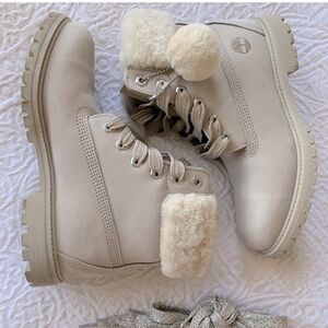 Timberland 6 Inch Shearling Cream and White Boots with Faux Fur Lining